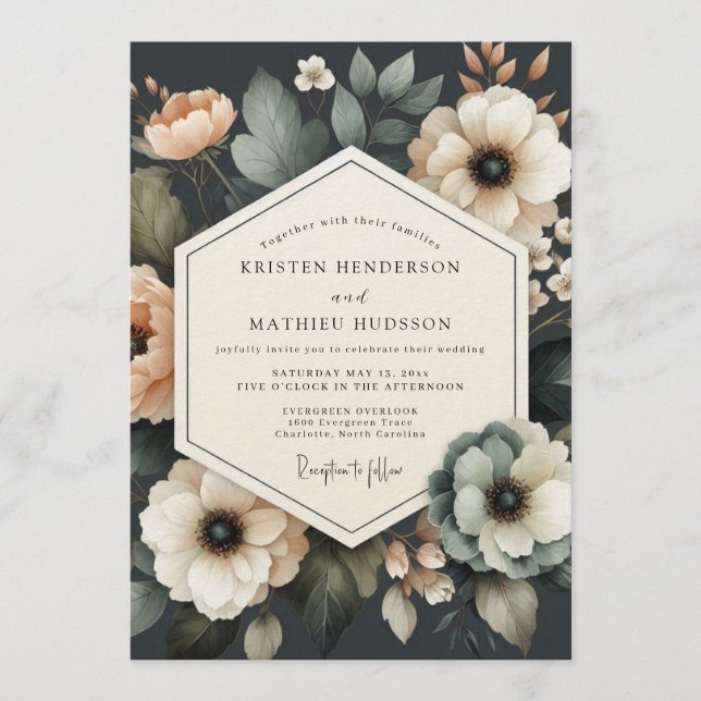Convite Casamento Charcoal Moody Bloom (Frente)