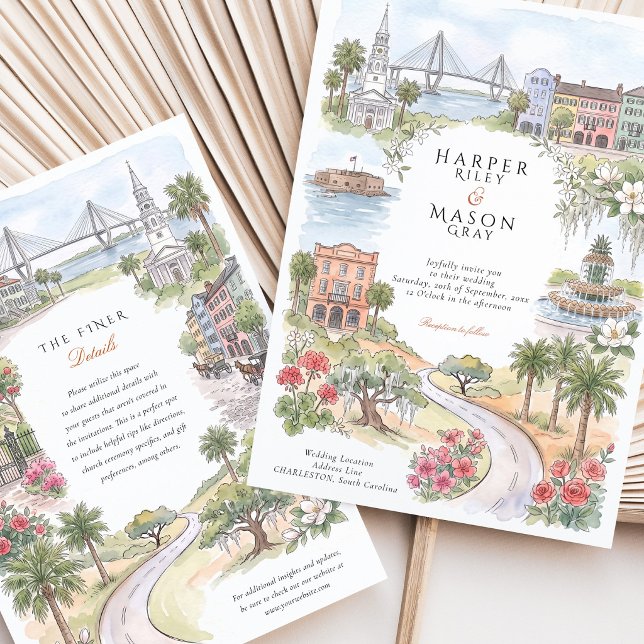 Convite Casamento Charleston Rainbow Row Pineapple Fountai (Criador carregado)