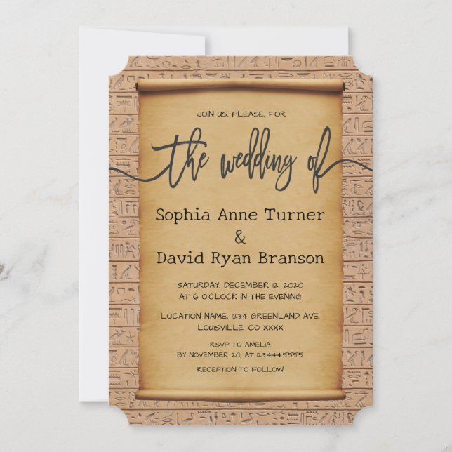Convite Casamento Charming Vintage Egípcio Papyrus (Frente)