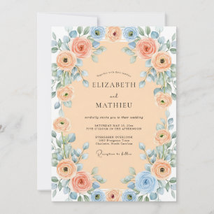 Convite Casamento Charmoso de Primavera Azul Damasco