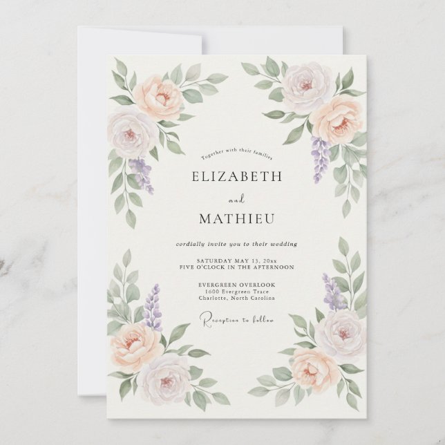 Convite Casamento Charmoso de Primavera com Pêssego (Frente)
