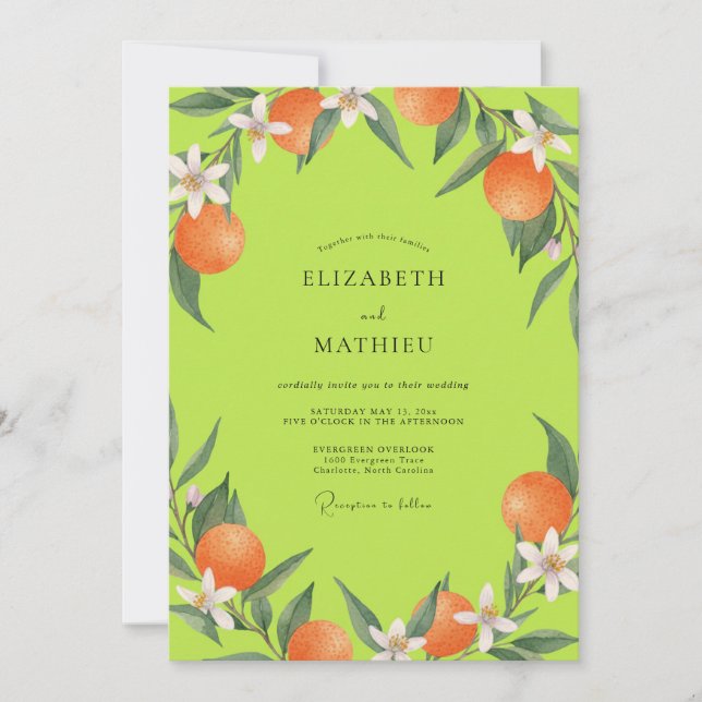 Convite Casamento Chartreuse Laranja Cítrico Eucalipto (Frente)