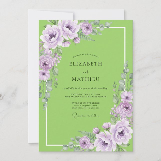 Convite Casamento Chartreuse Lavanda Ranunculus Eucalipto (Frente)