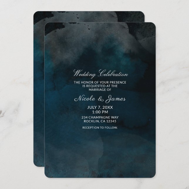 Convite Casamento Chic Azul Moderno Moody Watercolor (Frente/Verso)