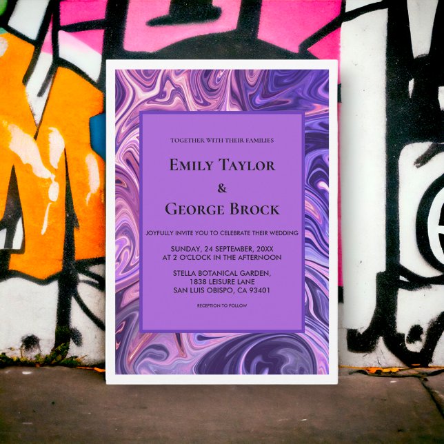 Convite Casamento Chic Azul Wavy Abstrato da Galáxia Moder (Criador carregado)