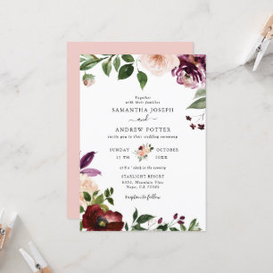 Convite Casamento Chic Blush and Burgundy Floral Blossom