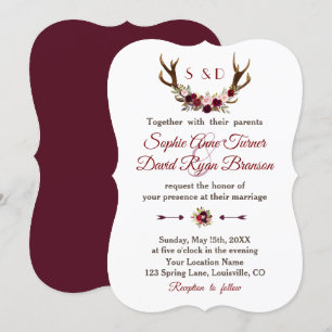 Convite Casamento Chic Burgundy Marsala Floral Antlers