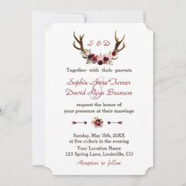 Convite Casamento Chic Burgundy Marsala Floral Antlers