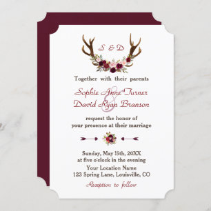 Convite Casamento Chic Burgundy Marsala Floral Antlers