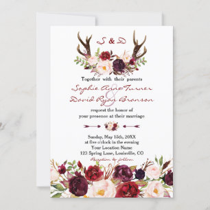 Convite Casamento Chic Burgundy Marsala Floral Antlers