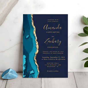 Convite Casamento Chic com Agate Geode Teal Moderno