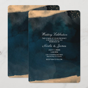 Convite Casamento Chic com Aquarela Moderna em Azul e Cora