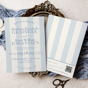 Convite Casamento Chic com Listras Azul Poeirento QR Code
