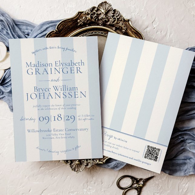 Convite Casamento Chic com Listras Azul Poeirento QR Code  (Elegant Dusty Blue and Ivory Stripes Classic Simple Coastal Chic Modern QR Code Wedding Invitation)
