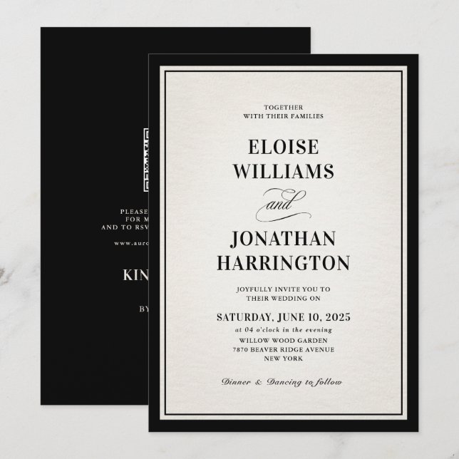 Convite Casamento Chic com QR Code Preto Moderno e Dinheir (Frente/Verso)