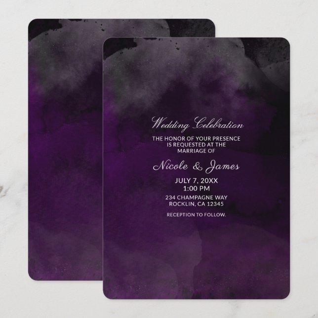 Convite Casamento Chic com Tons de Roxo Moderno em Aquarel (Frente/Verso)
