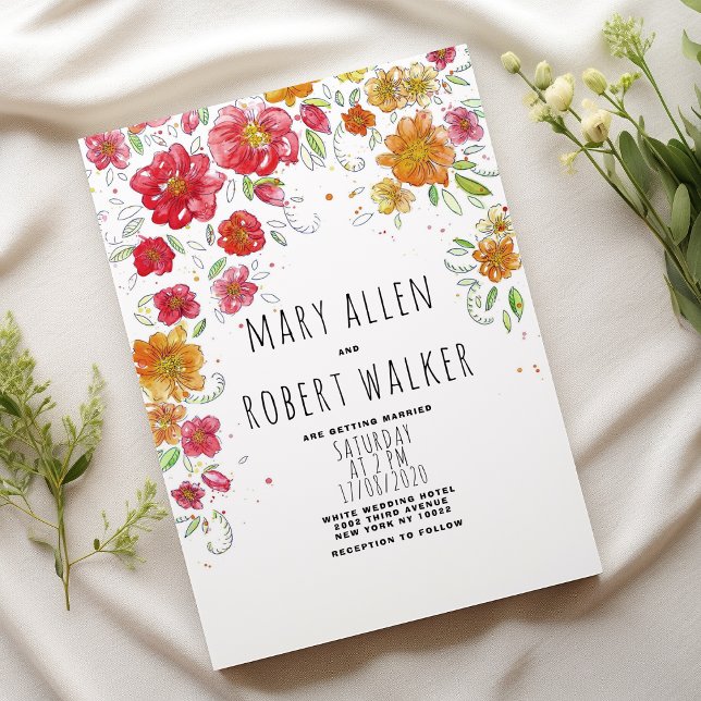 Convite Casamento chic cor-de-rosa laranja verde-floral (Orange pink red green floral country chic wedding)