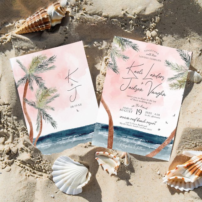 Convite Casamento Chic Costeiro de Árvores de Palma de Pra (Modern tropical beach watercolor palm trees, navy ocean, pink sunset, destination wedding invitation)