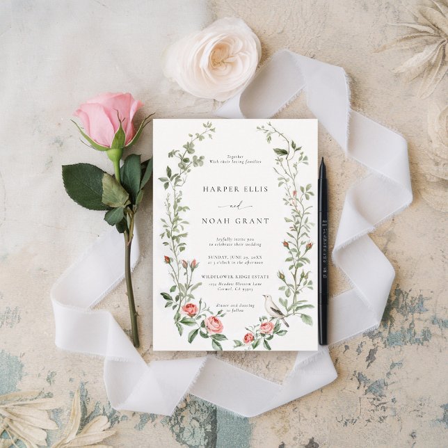 Convite Casamento Chic de Algodão de Vinha de Rosa de Aqua (watercolor wedding invitation french countryside cottage barn backyard outdoors indoors nature)