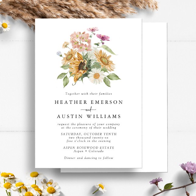 Convite Casamento Chic de Girassóis (Chic Watercolor Sunflower Wildflower Floral Wedding Invitation by Painted Paperie
)