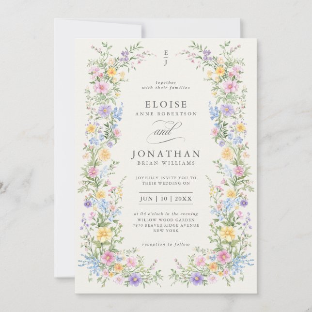 Convite Casamento Chic de Primavera Ornado com Pastel Suav (Frente)