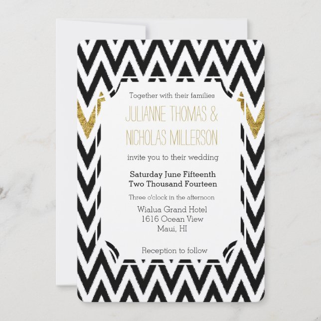 Convite Casamento Chic Dourado Glam e Black Chevron (Frente)