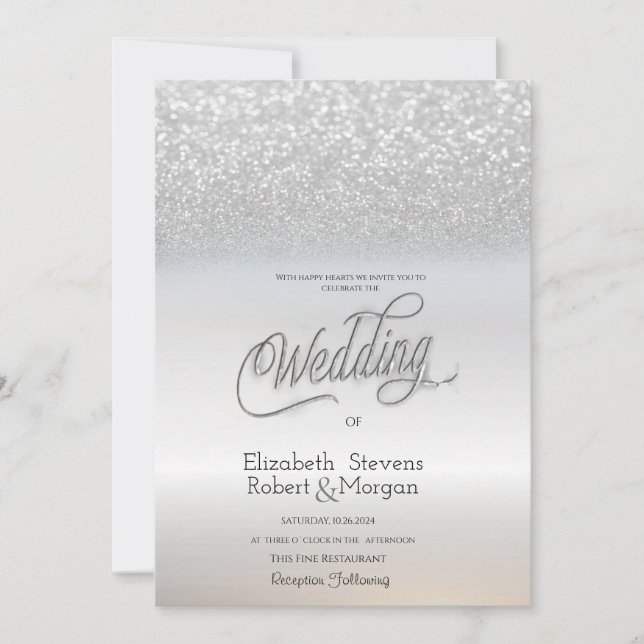 Convite Casamento Chic Elegant Silver Glitter Bokeh (Frente)