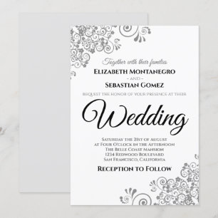 Convite Casamento Chic Elegante de Filigrana de Cinza