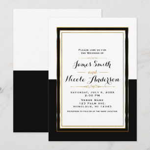 Convite Casamento Chic Elegante Preto Branco e Dourado