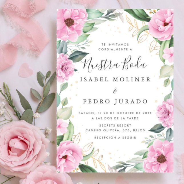 Convite Casamento Chic Eucalyptus Pink Roses Nuestra Boda (Criador carregado)