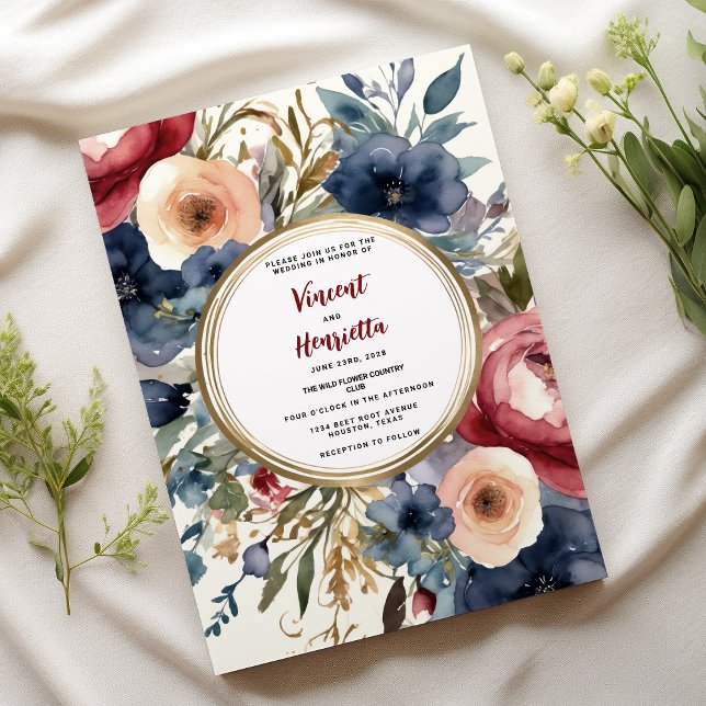 Convite Casamento chic floral de marinho azul burgundy (Navy blue burgundy floral country chic Wedding)