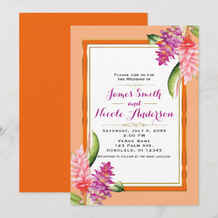 Convite Casamento Chic Floral Tropical Coral Laranja & Dou