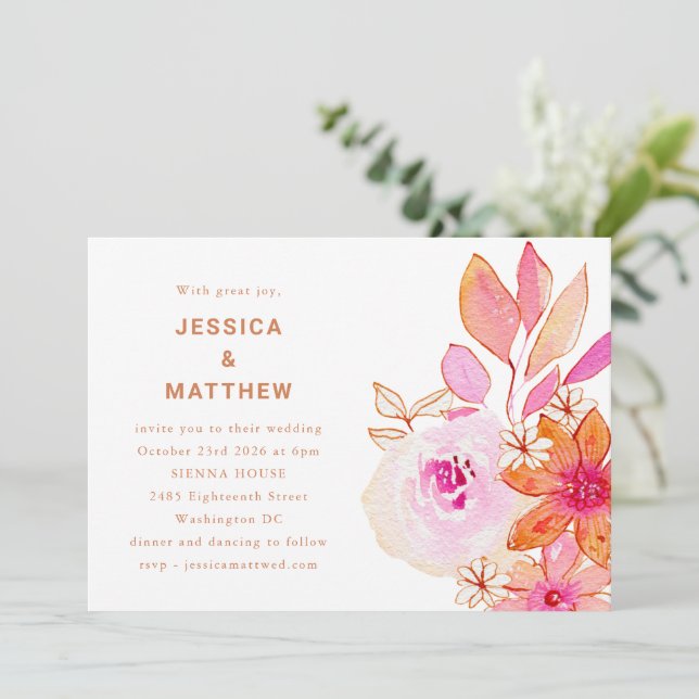 Convite Casamento Chic Flores Laranja Rosa Aquarela Boho (Em pé/Frente)