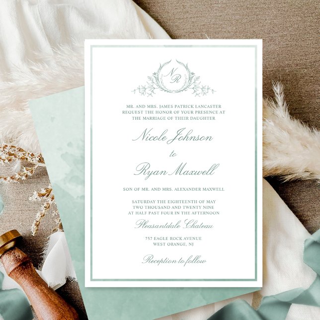 Convite Casamento Chic Formal Monograma Verde Pálido (Criador carregado)