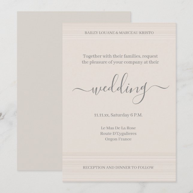 Convite Casamento Chic Listras de Madeira Marfim Elegante (Frente/Verso)