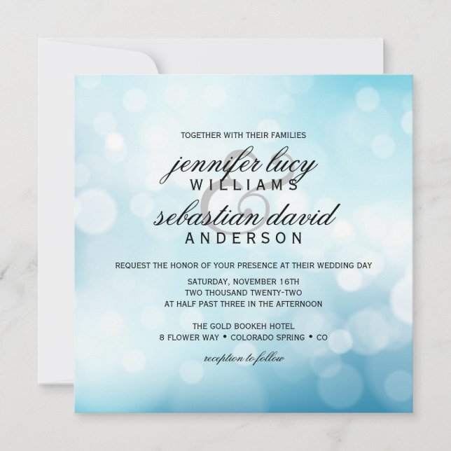 Convite Casamento Chic Luxury Blue Bokeh (Frente)