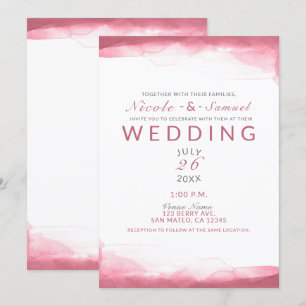 Convite Casamento Chic Moderno em Aquarela Rosa Roxo Framb