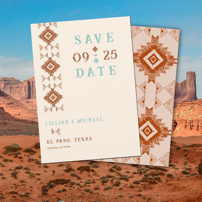Convite Casamento Chic Ocidental no País Cowboy Salve a Da (cowboy country western desert wedding save the date aztec pattern terracotta teal)