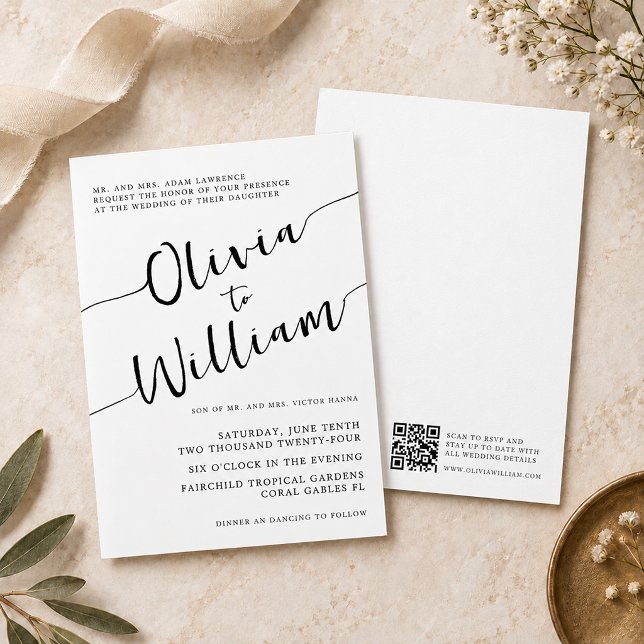 Convite Casamento Chic Preto Branco Script (script wedding invitation)