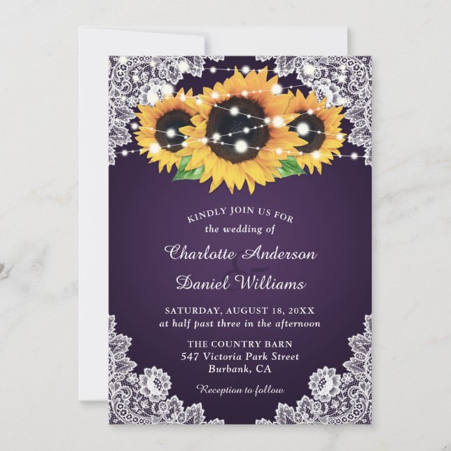 Convite Casamento Chic Purple Sunflower (Frente)