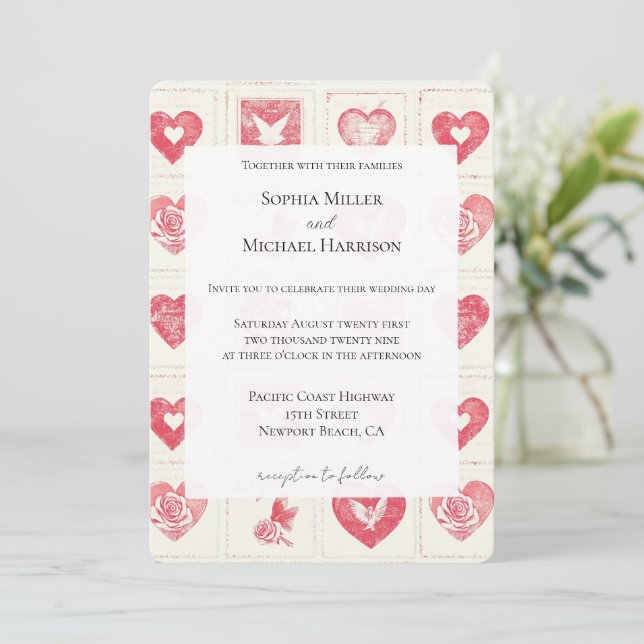 Convite Casamento Chic Red Cream Hearts (Em pé/Frente)
