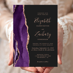 Convite Casamento Chic Rosa Ágata Dourado Roxo Escuro