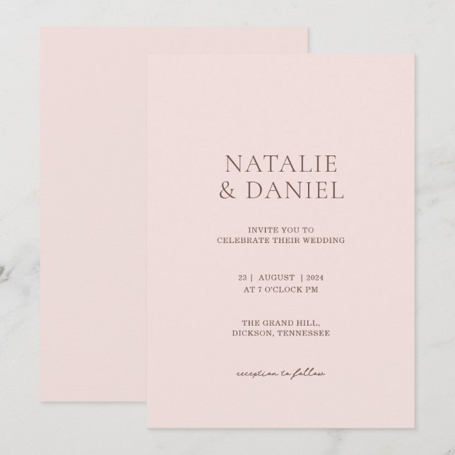Convite Casamento Chic Rosa Bege e Marrom Quente (Frente/Verso)