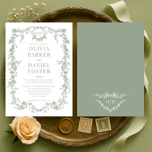 Convite Casamento Chic Sage Verde Vitoriano Francês Monogr