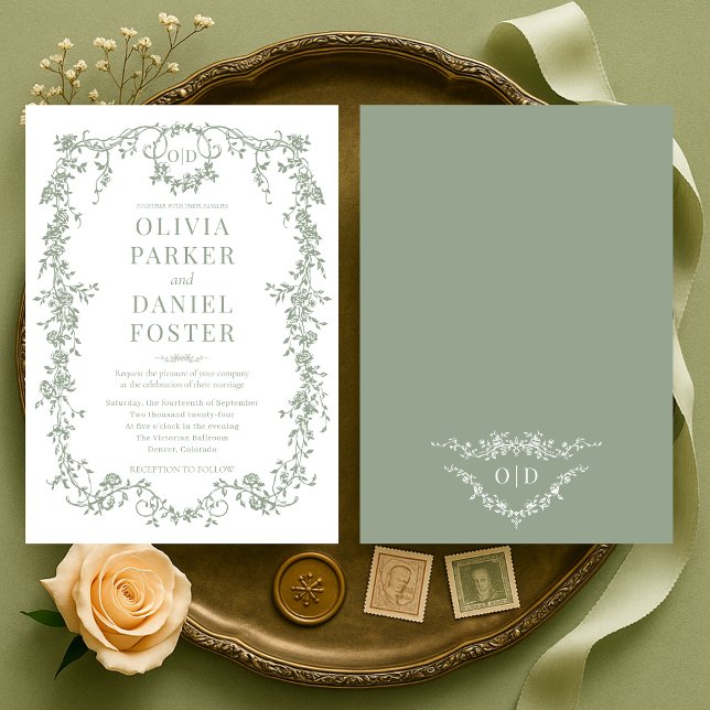 Convite Casamento Chic Sage Verde Vitoriano Francês Monogr (Criador carregado)