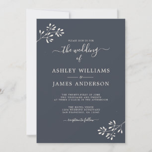 Convite Casamento Chic Script Marfim Folhagem Azul Escuro
