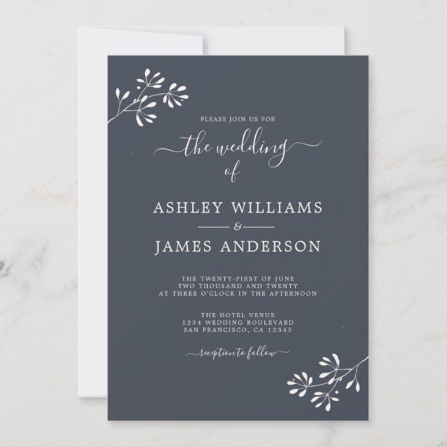 Convite Casamento Chic Script Marfim Folhagem Azul Escuro (Frente)