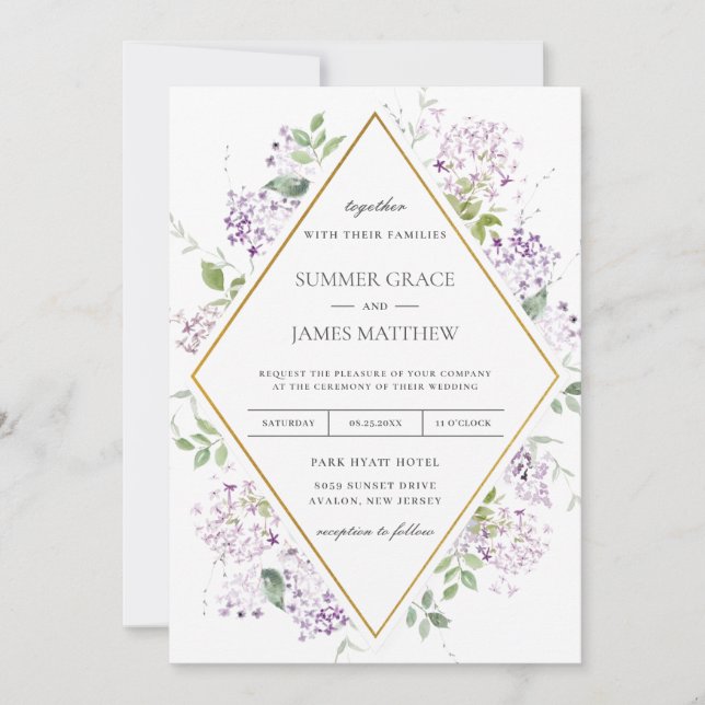 Convite Casamento Chic Soft Lilac Purple Floral Greenery (Frente)