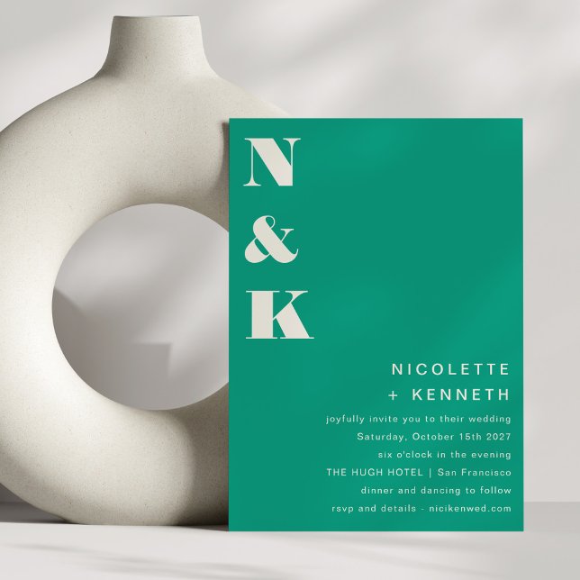 Convite Casamento Chic Verde-Esmeralda Moderno Monograma (Criador carregado)