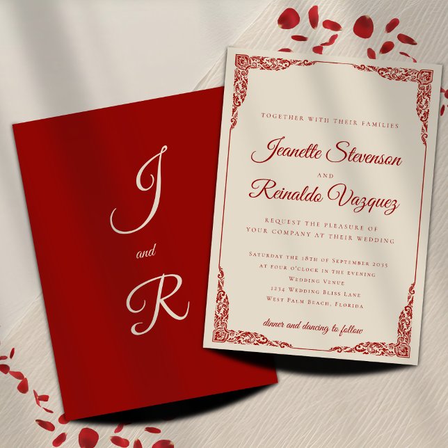 Convite Casamento Chic Vermelho Intenso e Marfim Elegante  (Criador carregado)